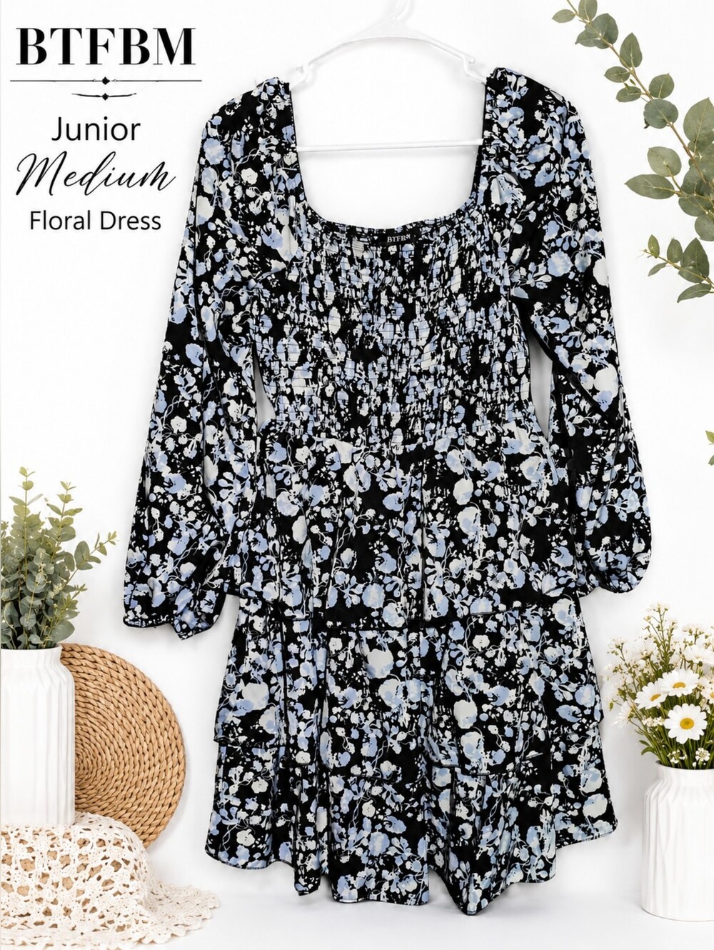 BTFBM Junior Black & Light Blue Floral Midi Dress